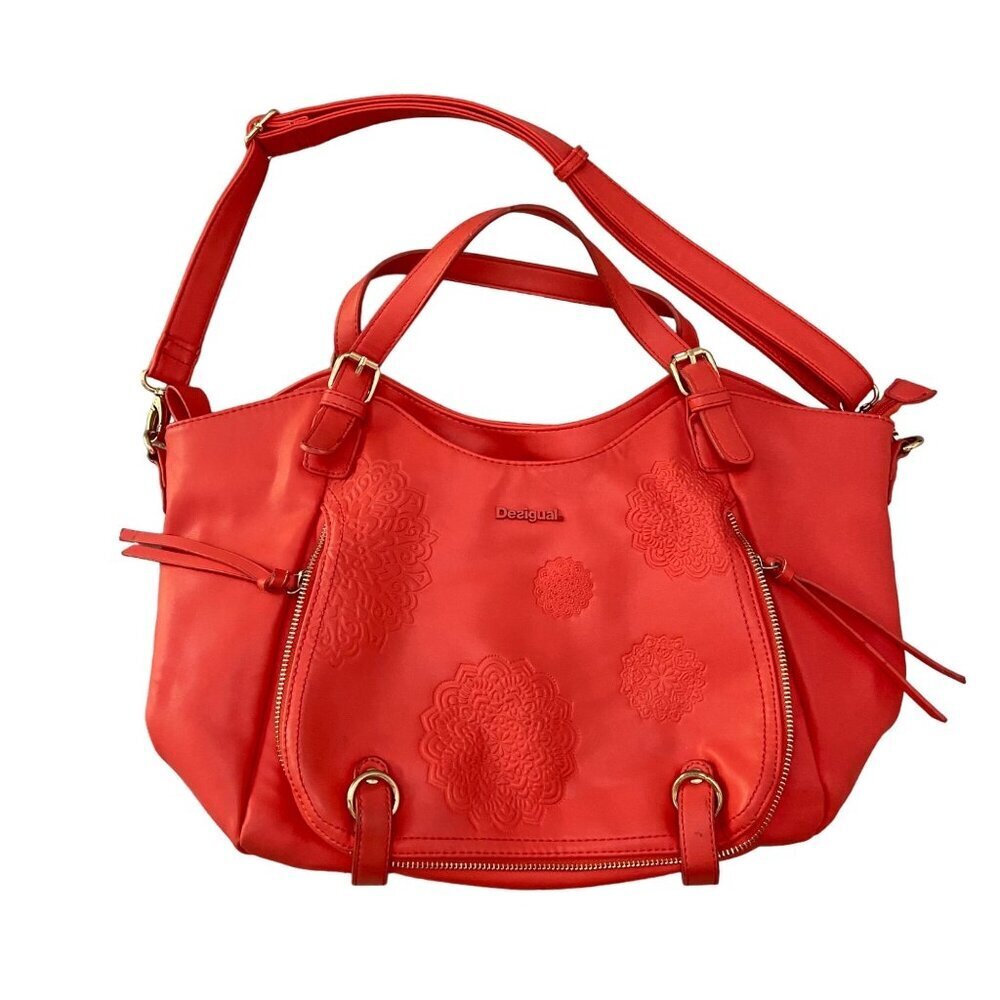 Desigual tangerine Embossed Floral Shoulder Bag With Adjustable Strap & Inn